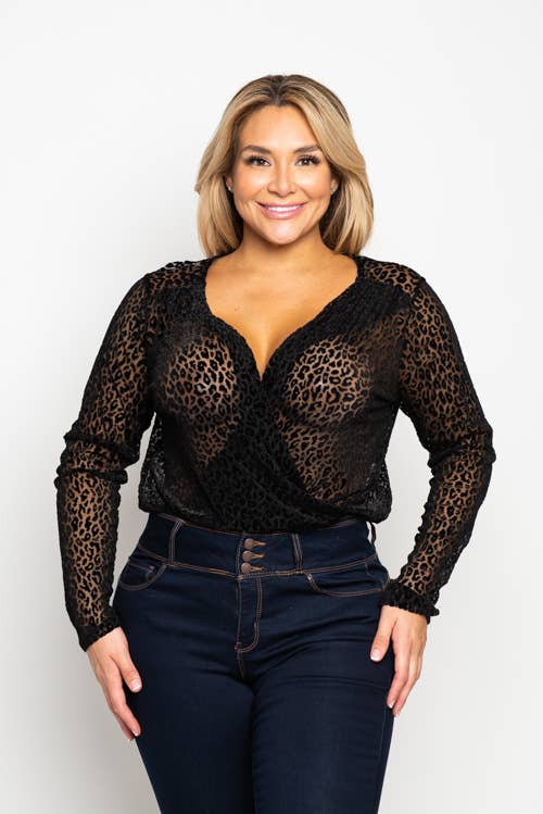 Leopard Flock Mesh Bodysuit- Plus Size