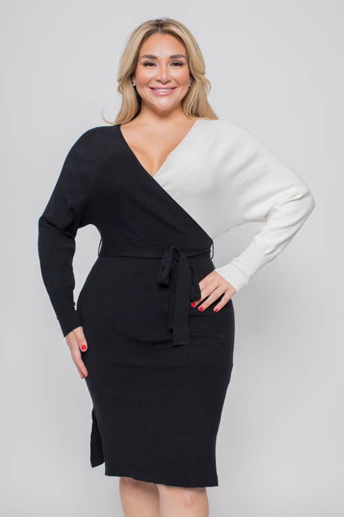 Two Tone Surplice Sweater Dress