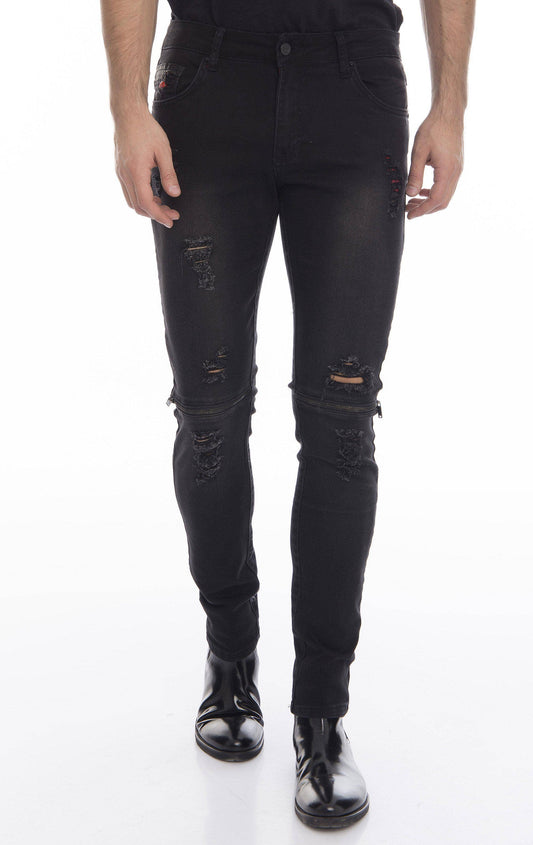 Knee Zip Fitted Washed Tapered Jeans